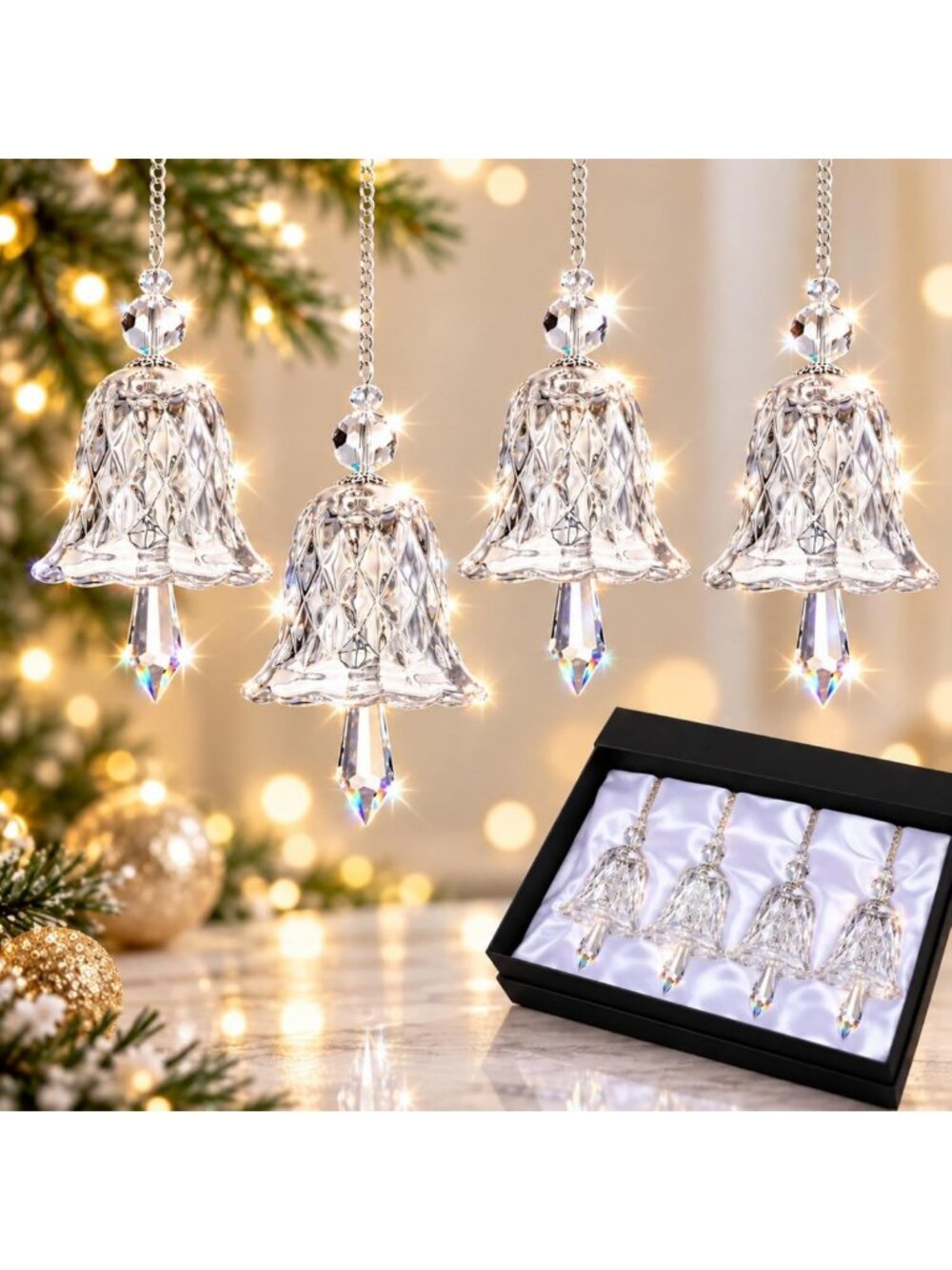 Sparkling Crystal Glitter Christmas Bell Ornaments - 4 Pack, Clear Decor